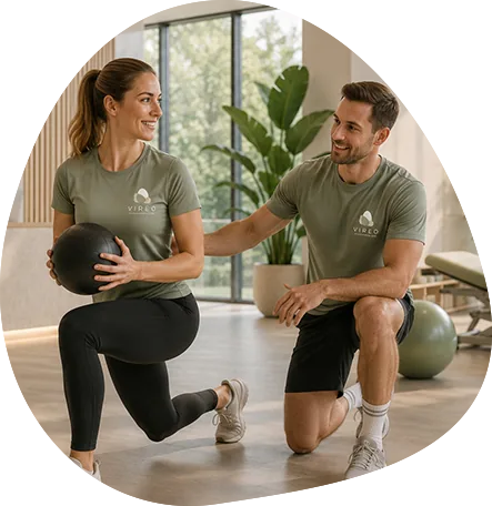Zwei Physiotherapeut:innen im VIREO Shirt trainieren gemeinsam mit einem Medizinball im hellen Behandlungsraum.